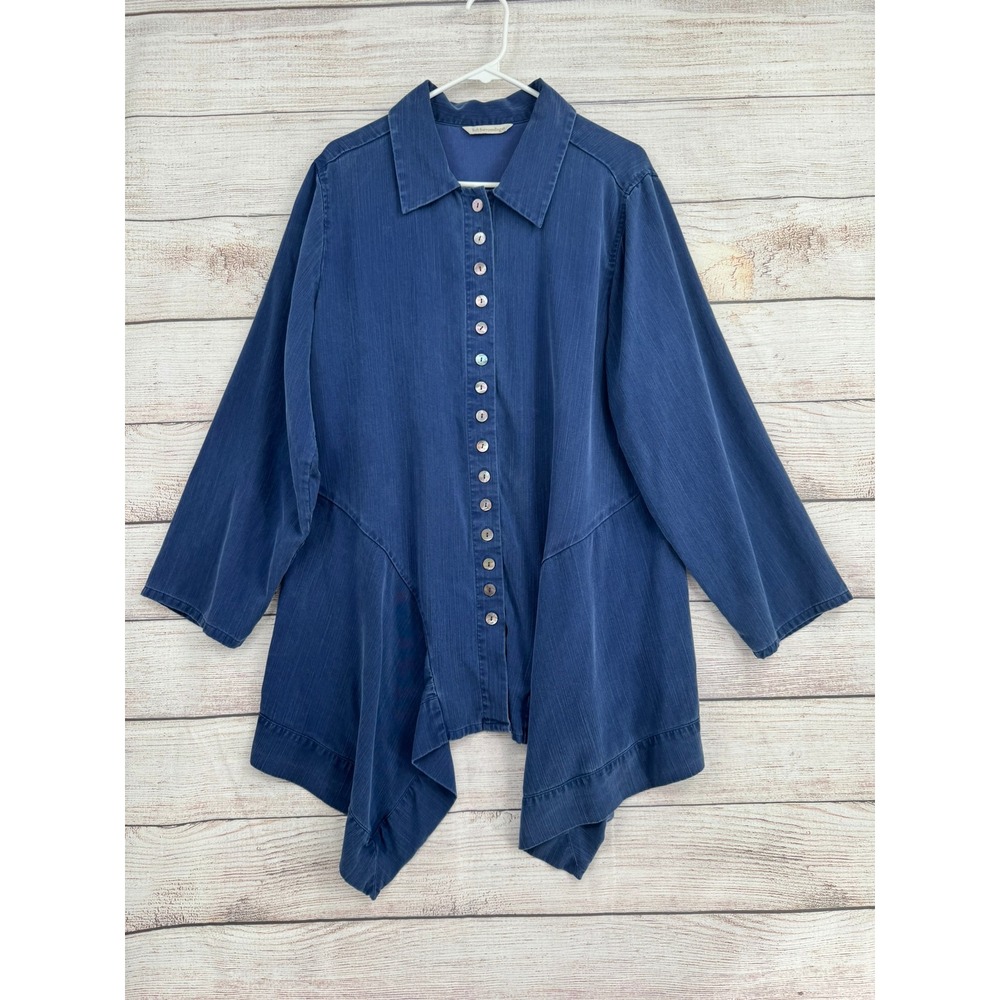 Soft Surroundings Tunic Top Women XL Blue Sharkbite Hem Button Down Striped